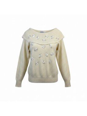 Première Womens Beige Lambswool Off-Shoulder Embroidered Sweater Size M